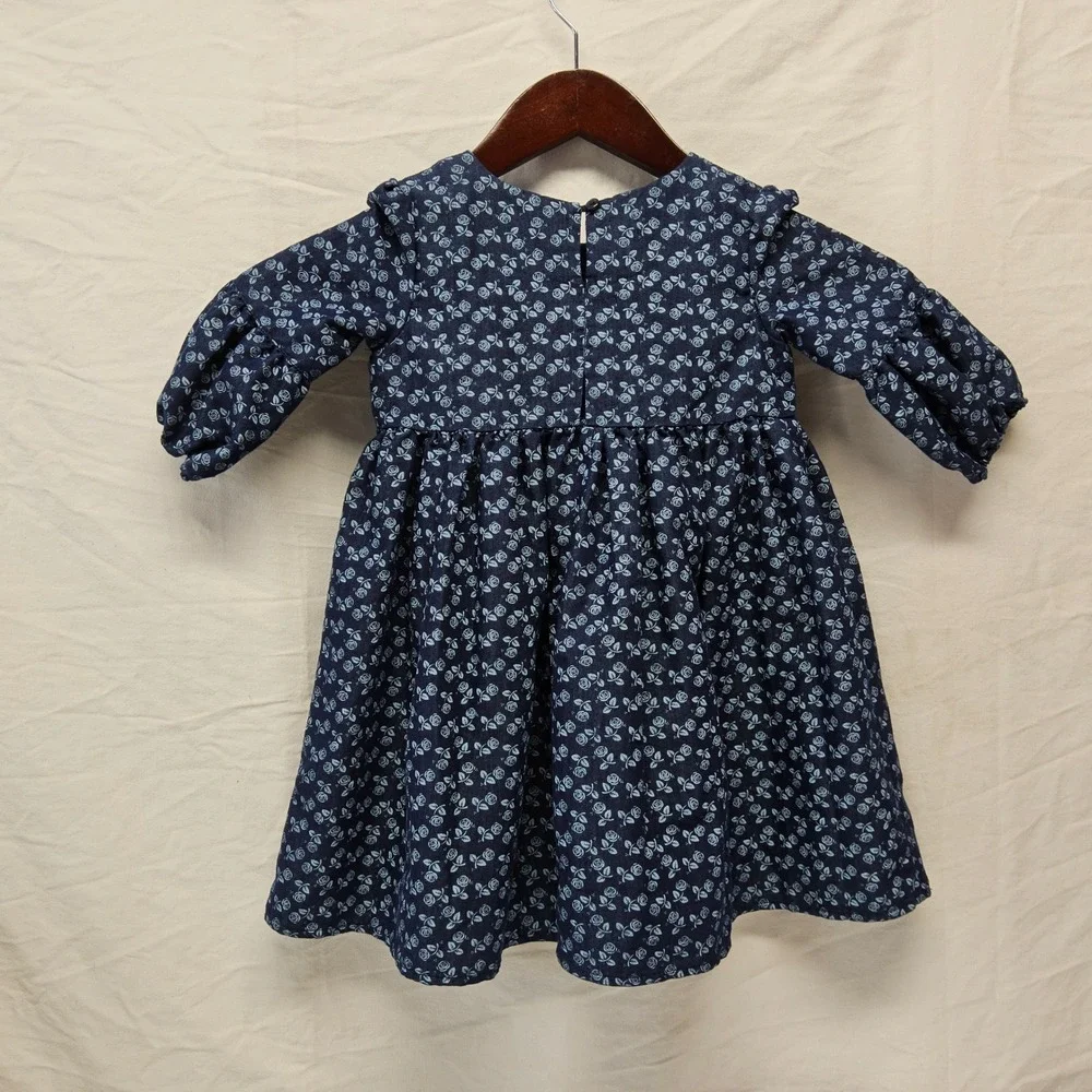 Laura Ashley London Floral Dress Kids Size 5 Navy Blue Long Sleeve Bow Accent